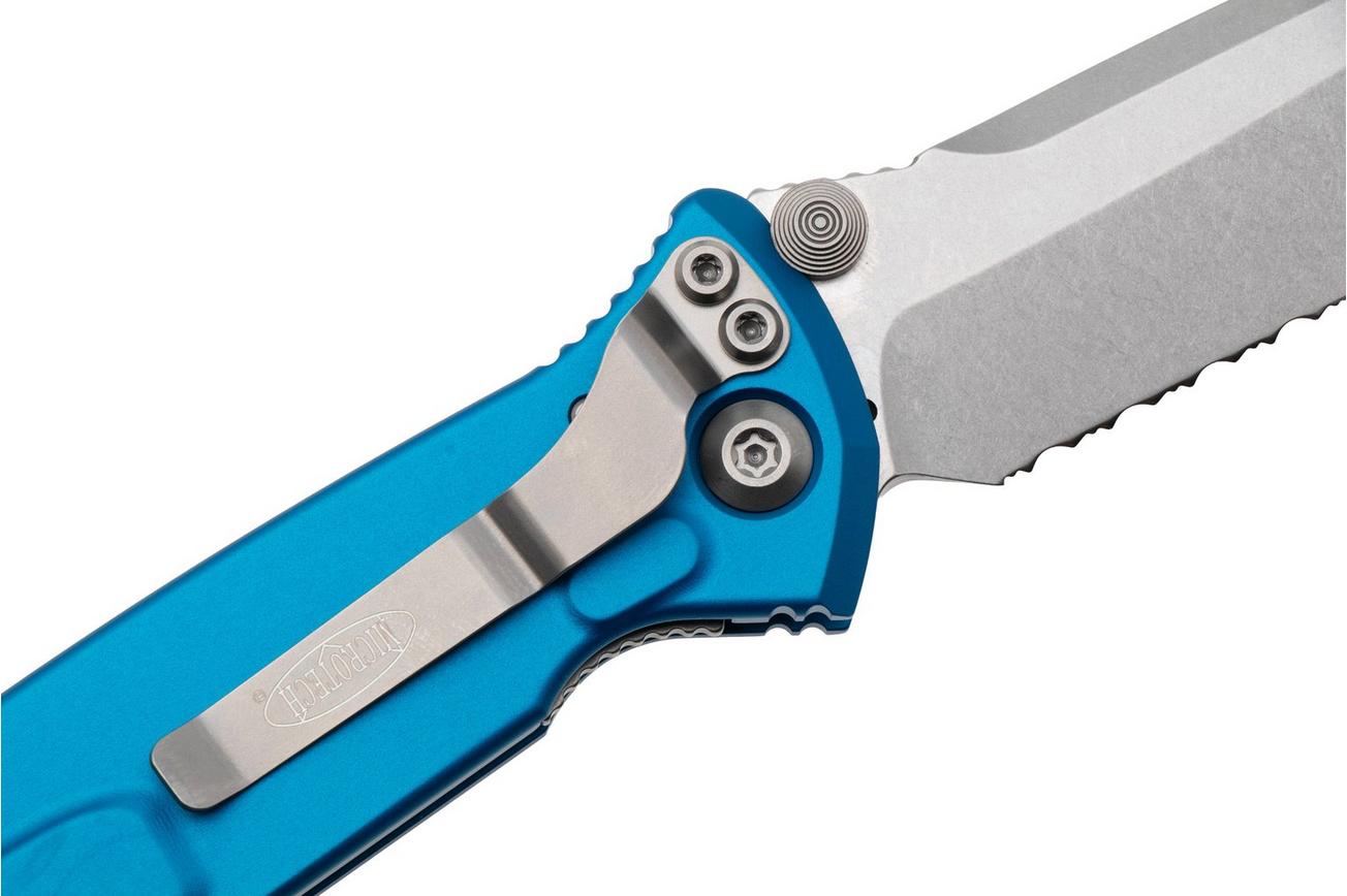 Microtech Socom Elite 161-11BL, Stonewashed M390 Tanto, Blue Aluminum partly serrated zakmes
