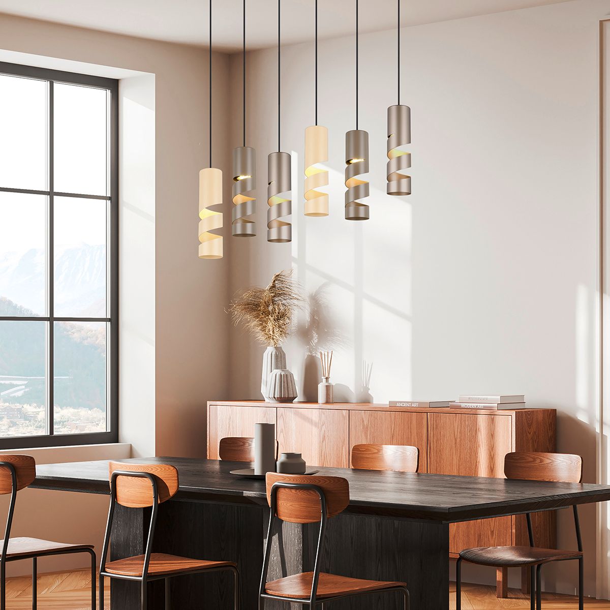 Moderne hanglamp zwart met taupe en beige 6-lichts - Stream