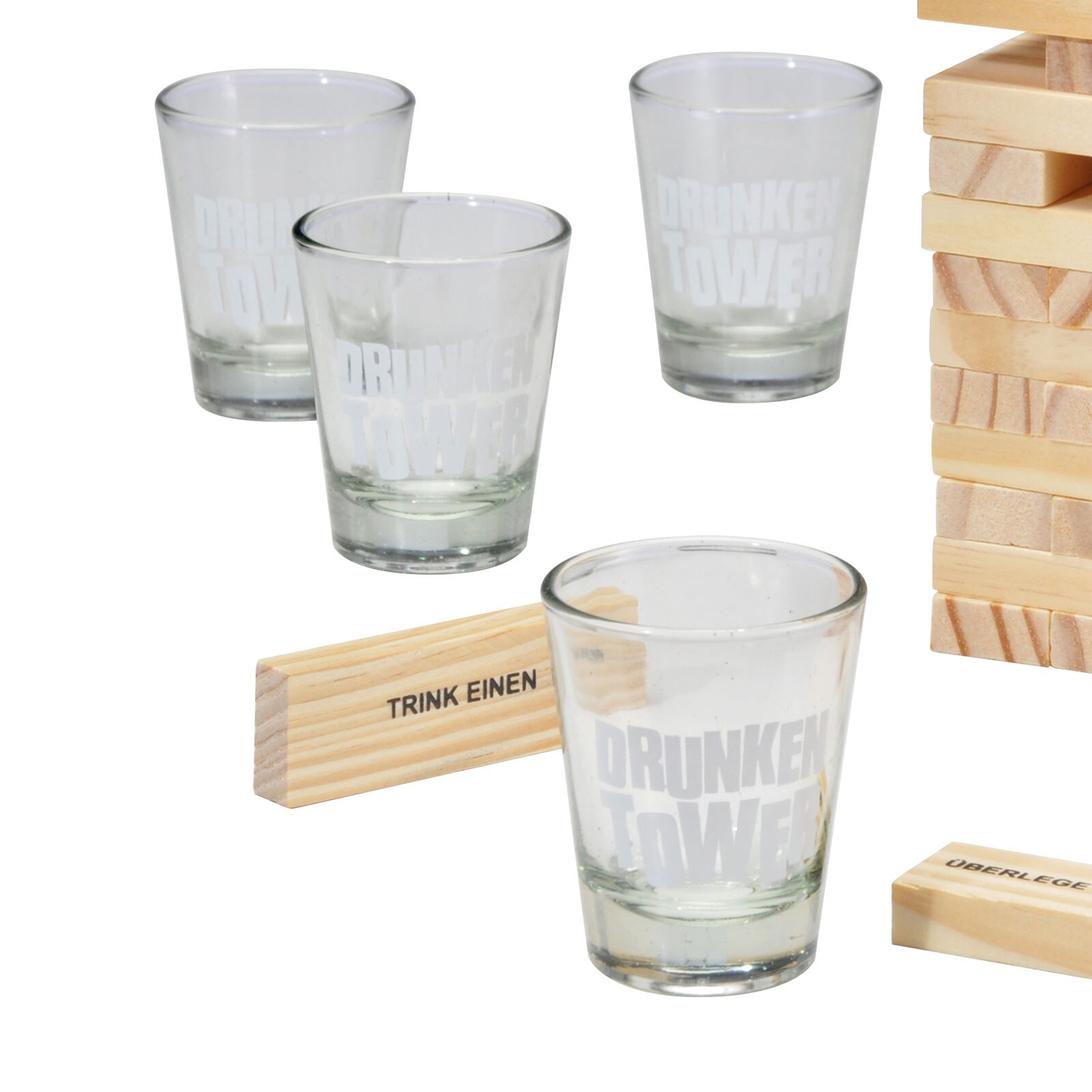 HI Holz Wackelturm Trinkspiel Geschicklichkeitsspiel Partyspiel +4 Gläser