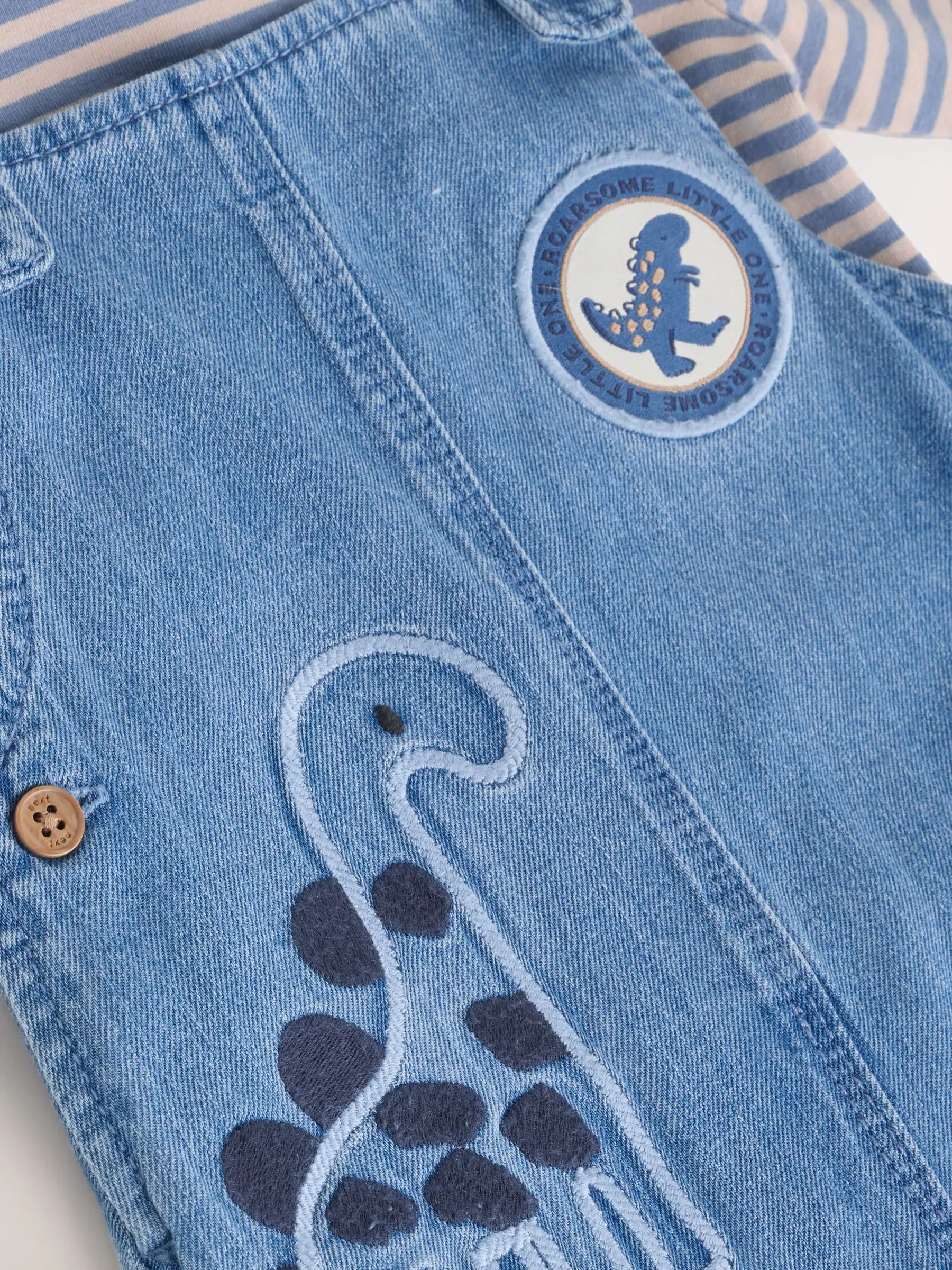 Blauw met dinosaurus - Babyset van denim bretelbroeken en bodysuit (0 mnd - 2 jr)