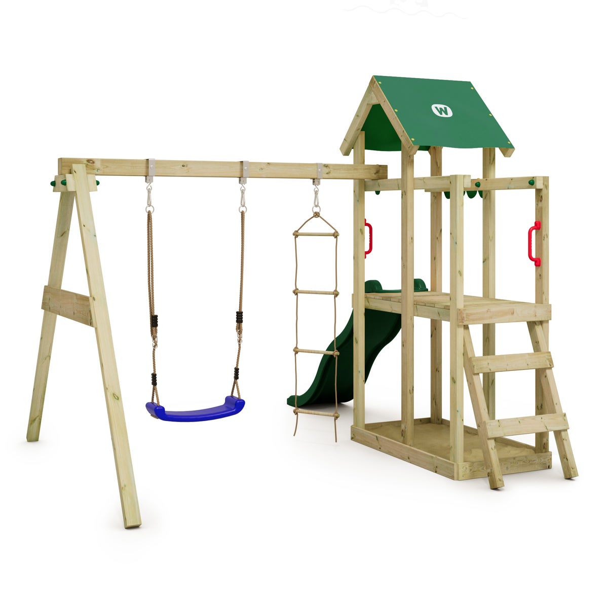 WICKEY TinyPlace Speeltoren Klimrek met Schommel en Glijbaan, Klimtoren met Zandbak, Ladder en Speelaccessoires - Groen
