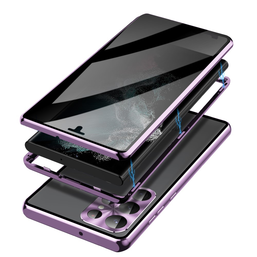 Samsung Galaxy S23 Ultra 5G Magnetische Alu Schutzhülle mit Panzer Glas Backcover   Privacy Display- / Kameraglasschutz (Verschlussmechanismus) - Lila