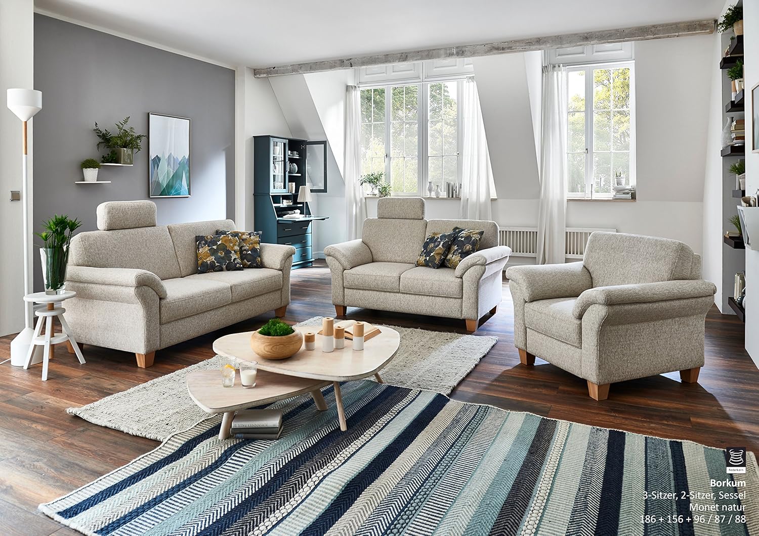 CAVADORE 3-Sitzer Byrum / Große 3er-Couch im Landhausstil mit Federkern / Passend zur edlen Sofagarnitur Byrum / 186 x 87 x 88 / Natur (Weiss-Beige)