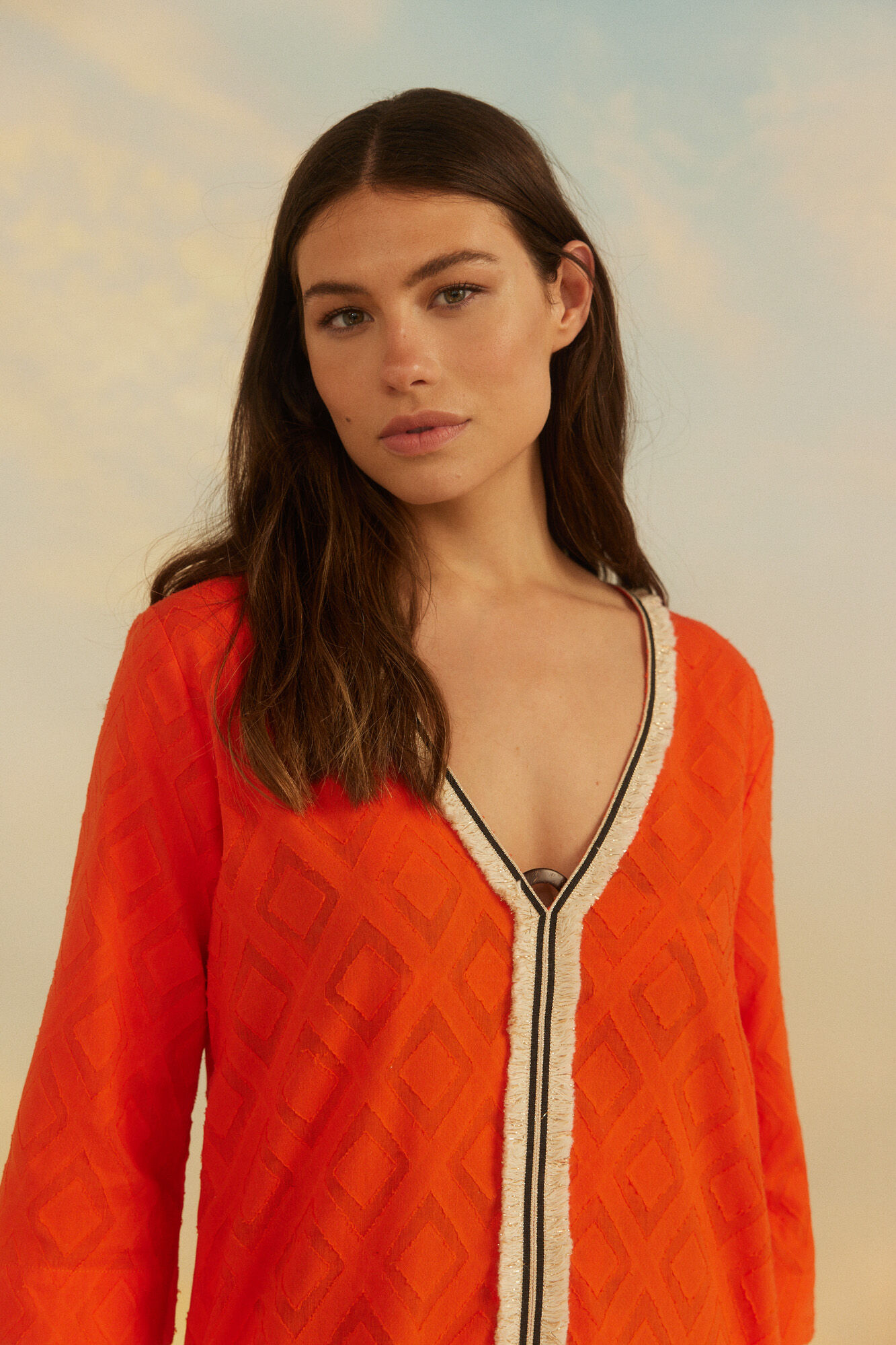Túnica Caftan com Franjas - Coral