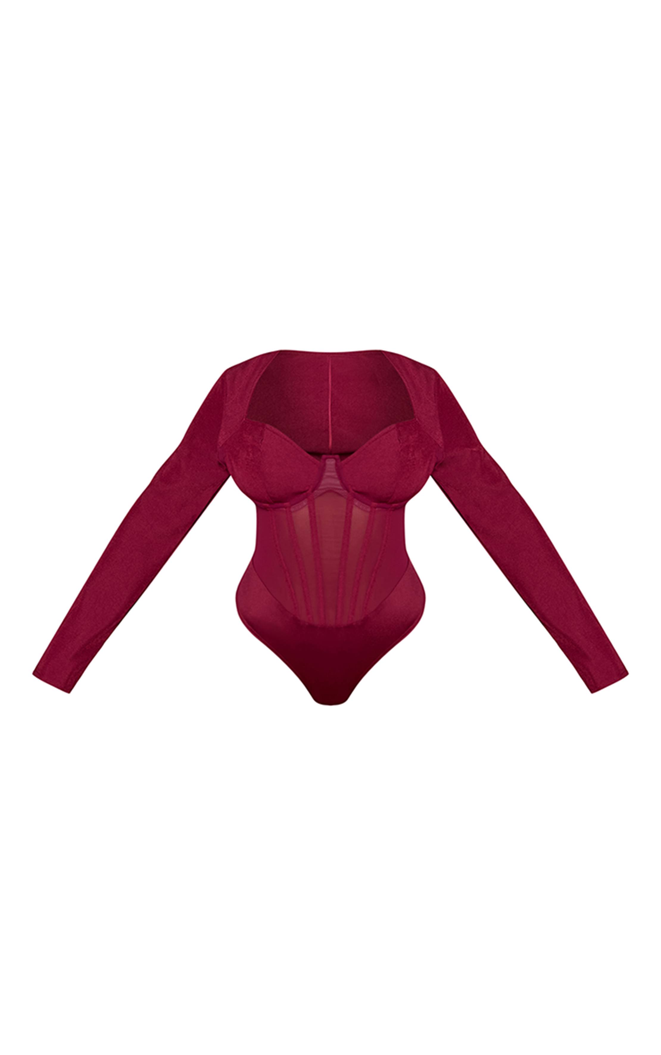 Rouge Bordeaux Body Corset Manches Longues En Mesh Shape