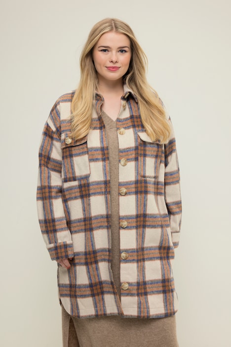Karo-Hemdjacke, long und oversized, Hemdkragen