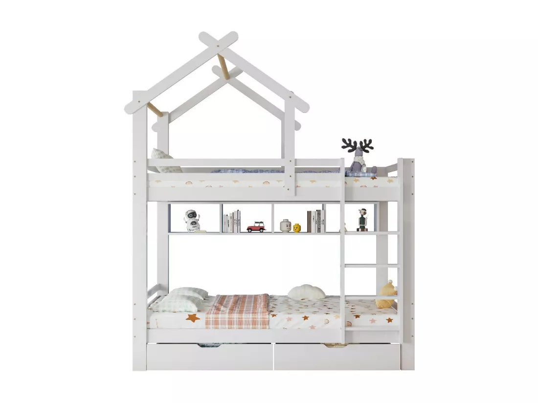 Lit superposé avec tiroirs échelle à angle droit à trois marches lit enfant avec protection blanc 90x200cm
