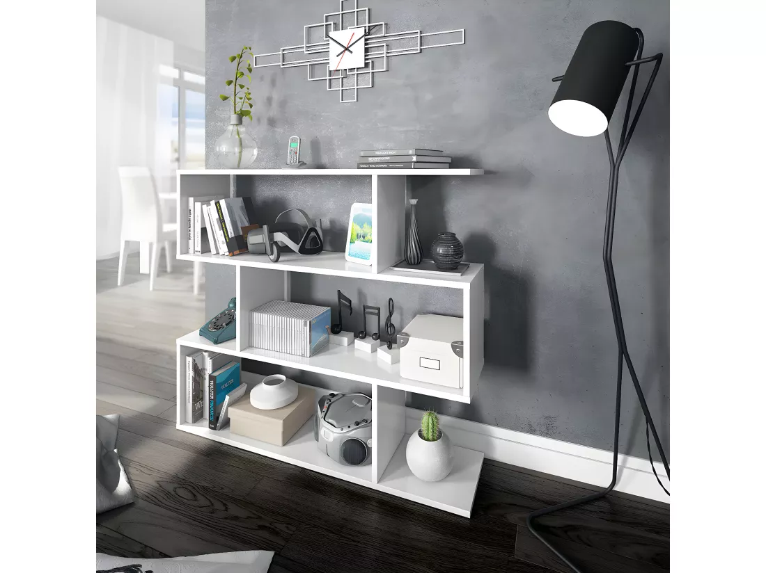 Bibliothèque, étagère basse 3 niveaux en bois mélaminé coloris blanc brillant - Longueur 110 x Profondeur 24 x Hauteur 97 cm