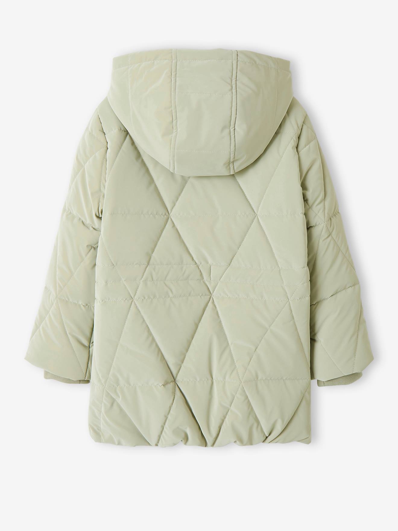 Jaqueta longa acolchoada com capuz e forro de sherpa, estampa azul escura para meninas.