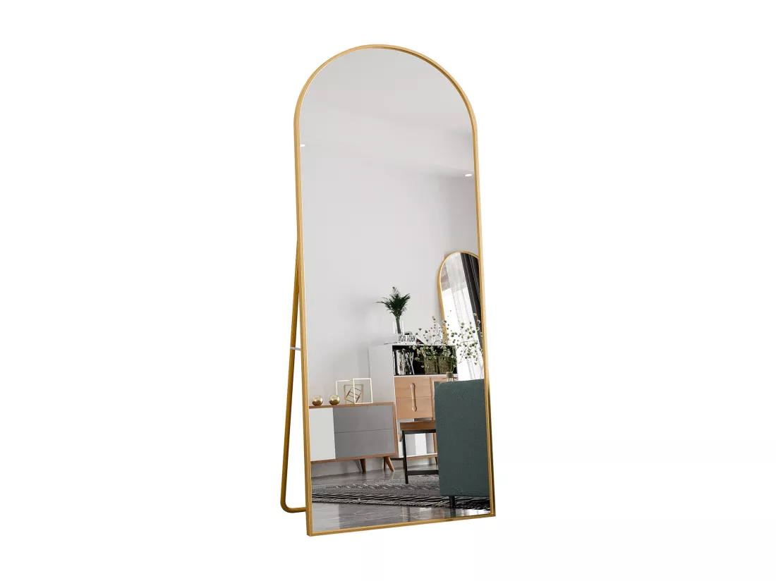 Miroir pleine longueur 180 x 80 cm, sur pied, suspendu ou appuyé, grand miroir de sol avec cadre en alliage d'aluminium doré pour salon ou chambre à coucher, Arc