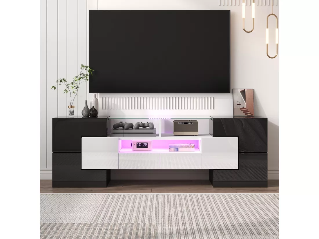 Meuble TV 2 tiroirs 6 portes et 3 niches, avec LEDs, charge max 60kg, Noir+Blanc, 145x30x51cm
