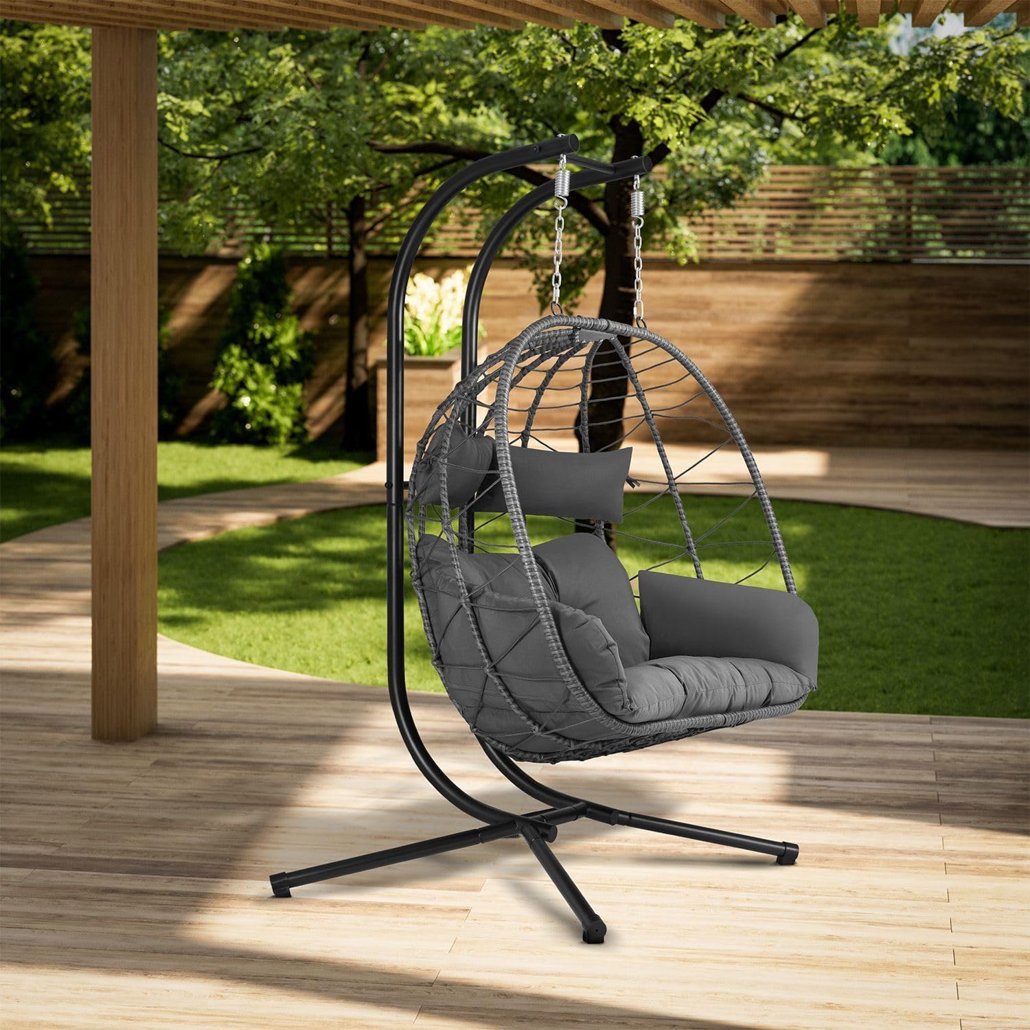 Juskys® Doppelhängesessel Aria - Polyrattan Hängesessel mit Gestell & Kissen - Schaukel für Zwei Personen - Outdoor Indoor Sessel - XXL Korb Grau