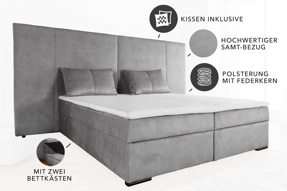 Design Boxspringbett SUITE HOTELBETT 180x200cm silber grau Samt inkl. Stauraum Topper