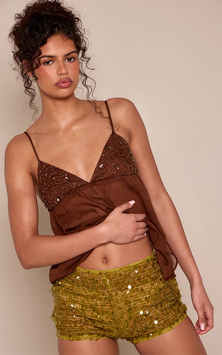 Vert Olive Short Hot Pants En Résille À Paillettes