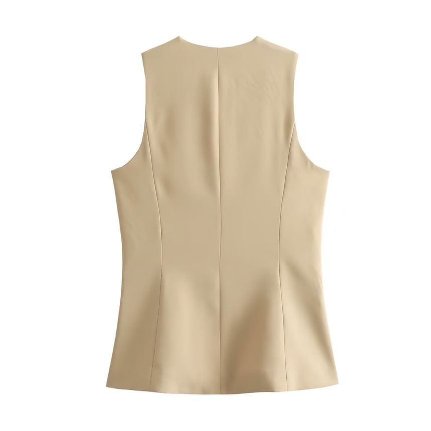 Sensarra - V-hals effen knoopvest / elastische tailleband midi A-lijn rok / set