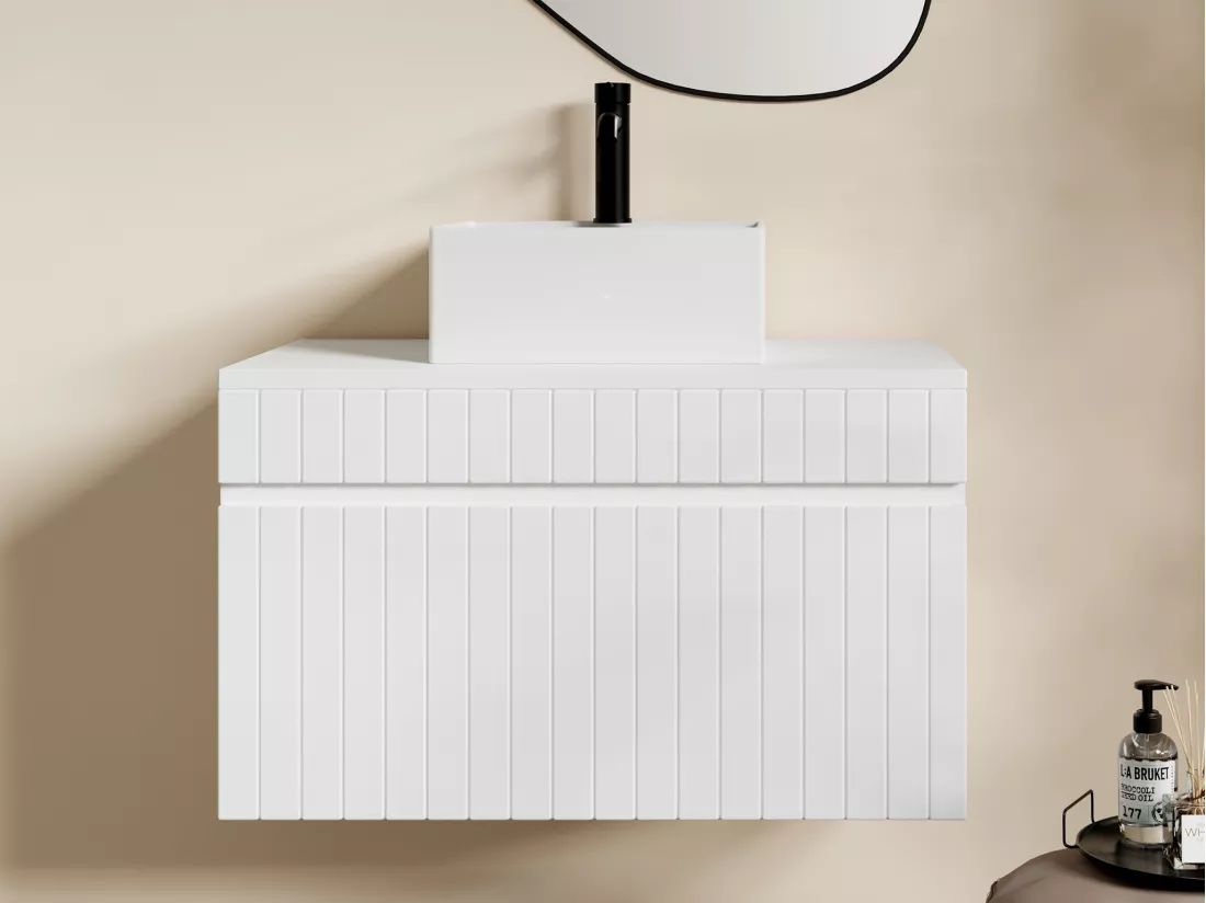 Meuble de salle de bain suspendu strié blanc avec vasque carrée à poser - 80 cm - SATARA
