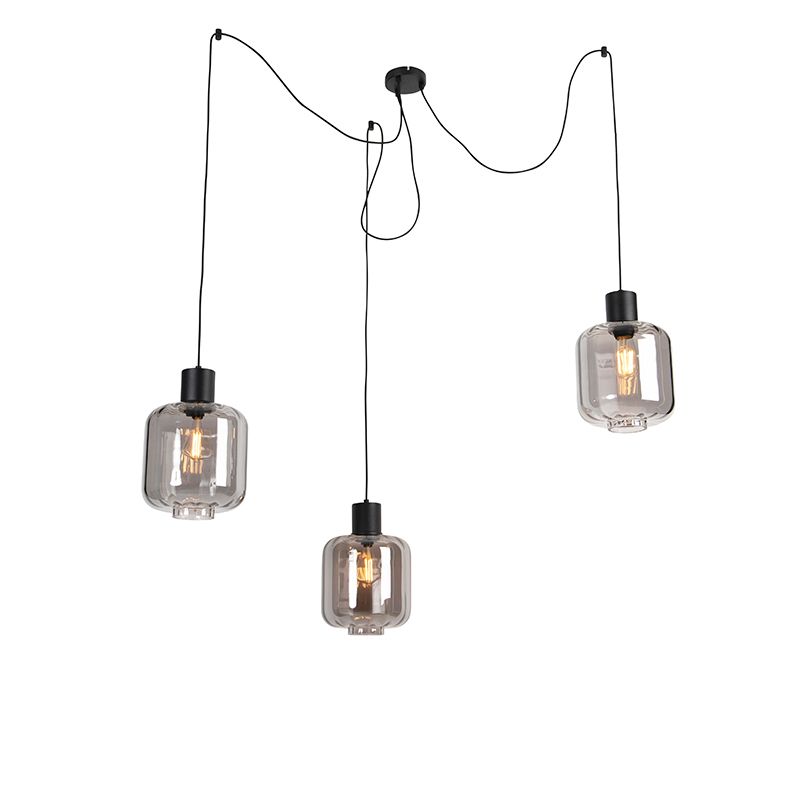 Design hanglamp zwart met smoke glas 3-lichts 226 cm - Qara