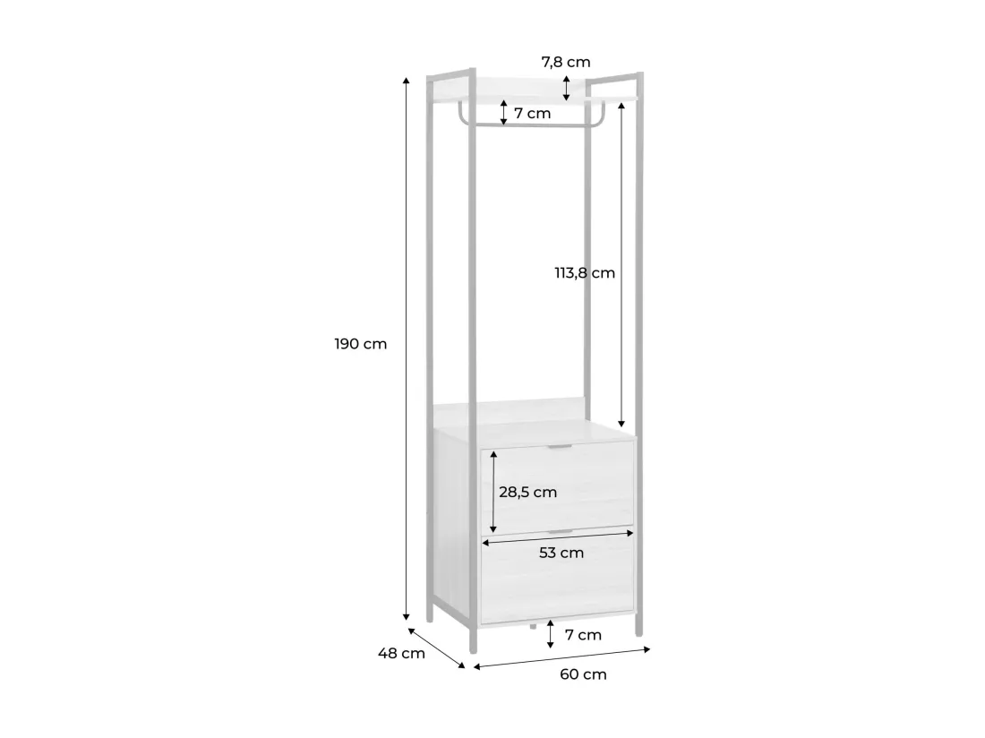 Module dressing noir avec 1 penderie. 2 tiroirs et 1 étagère. L 60 x P 48 x H 190 cm