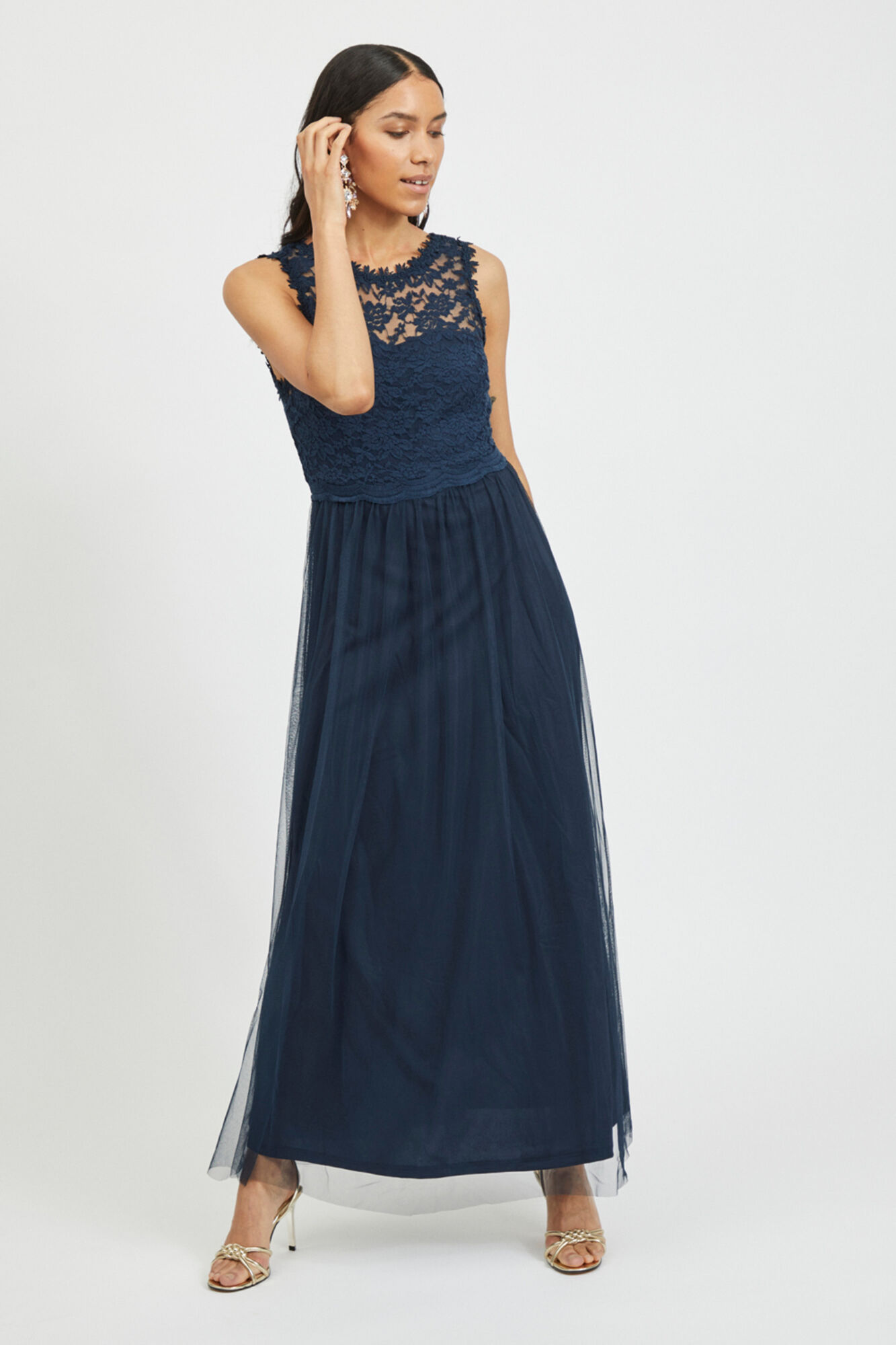 Vestido longo com saia de tule - Azul