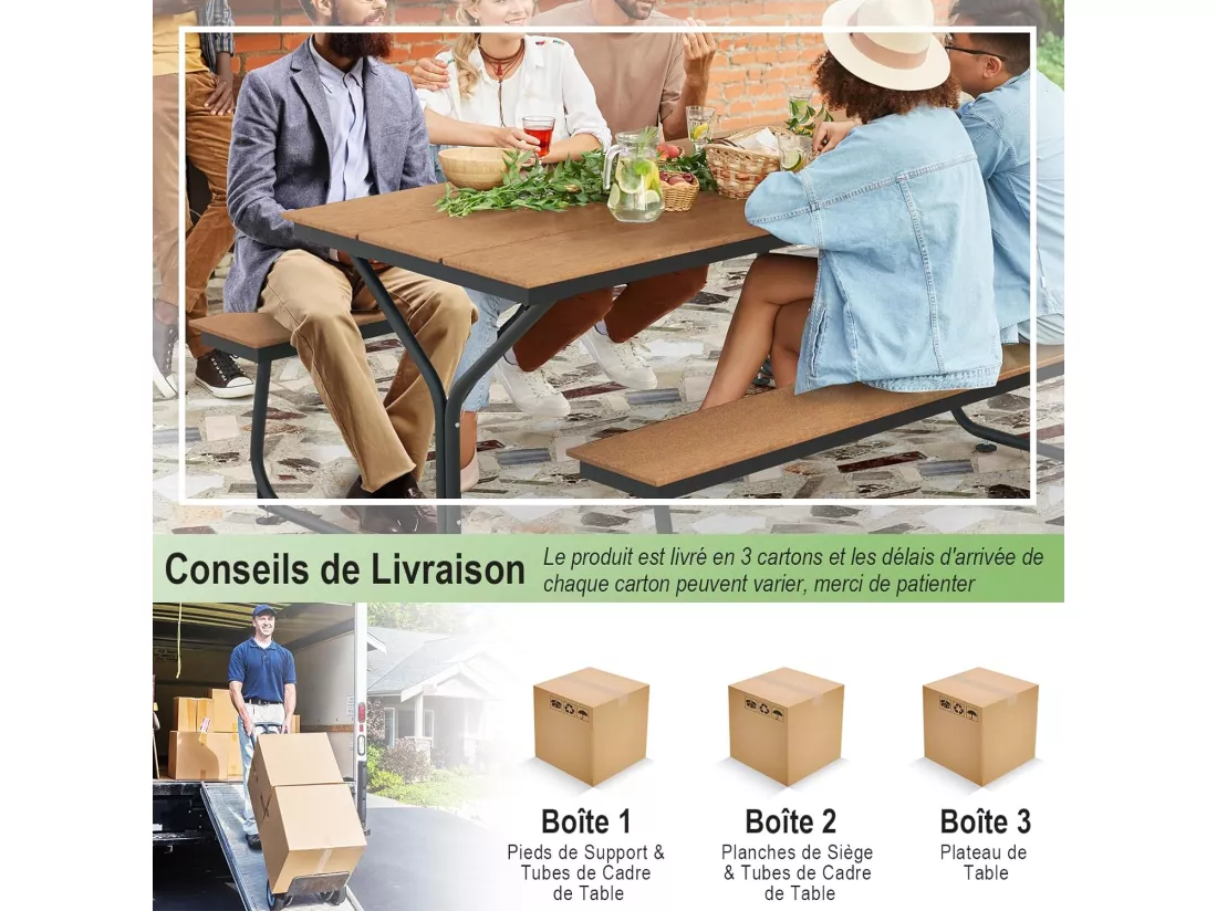 Ensemble Table et Bancs de Pique-Nique avec Cadre Métal, Ensemble de Jardin Imperméable pour 8 Personnes Banc Charge 500KG, pour Jardin Piscine, 183 x 150 x 76 cm (Marron)