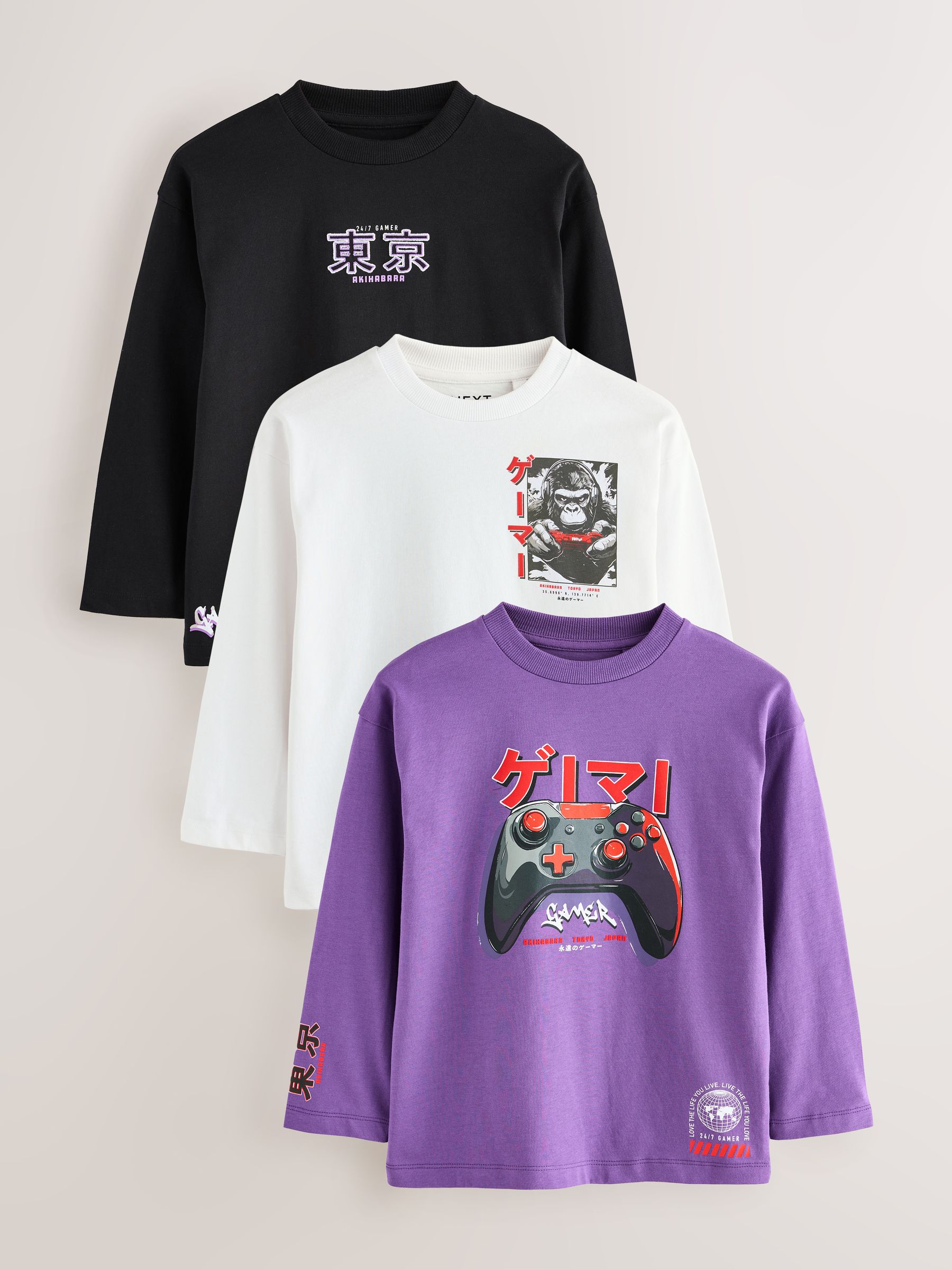Zwart/Paars/Wit Gamer - 3 Relaxed Fit T-shirts met grafische print en lange mouwen (3-16jr)