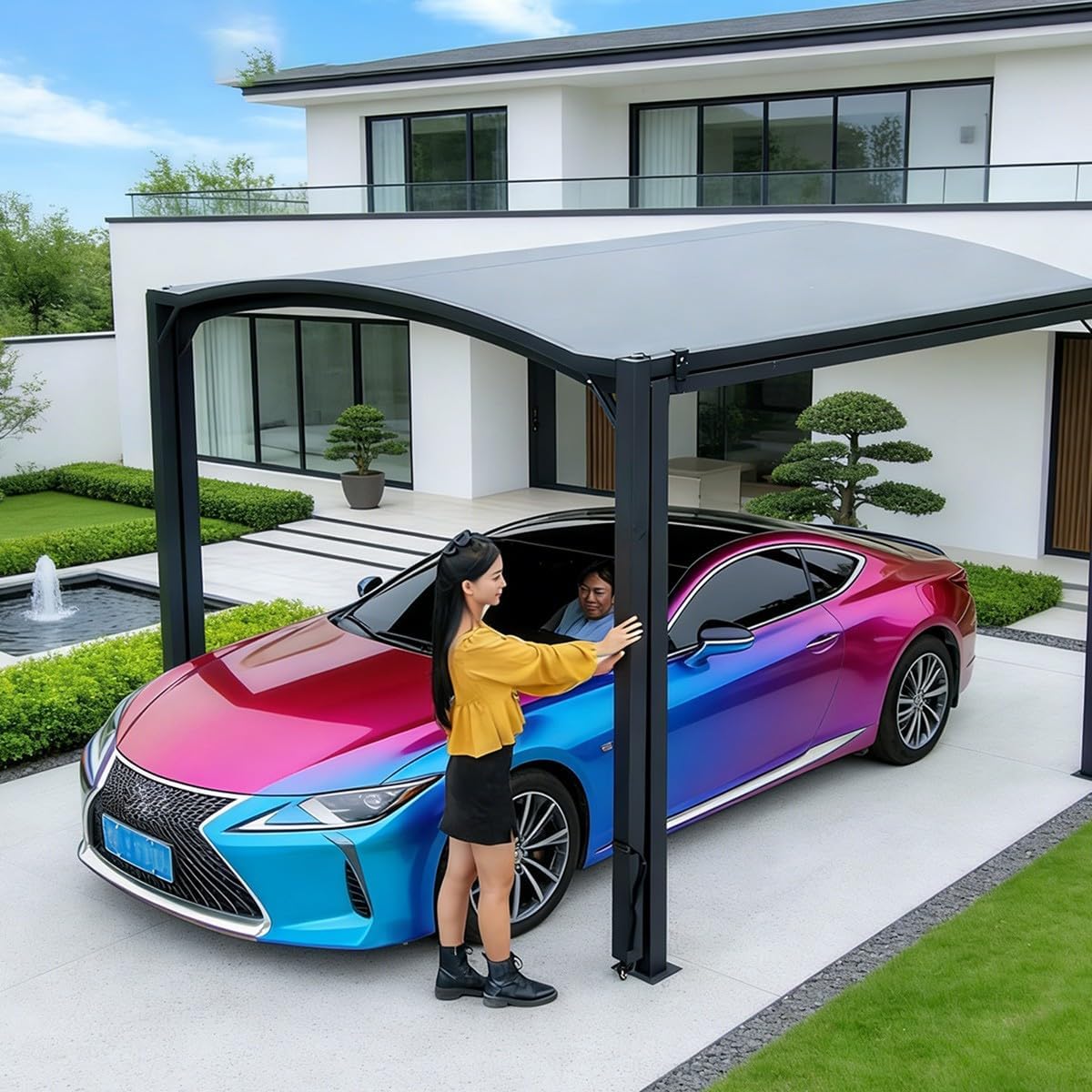 Ausziehbarer Faltbarer Carport mit Teleskopischer Verlängerung bis 550cm Länge und 295cm Breite für Flexiblen Mobilen Autoschutz auf Kleinen Stellflächen oder im Garten