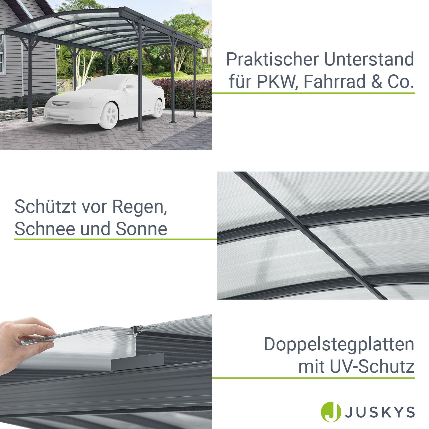 Juskys Carport mit Bogendach 5x3 m – freistehende Überdachung aus Aluminium mit Doppelstegplatten