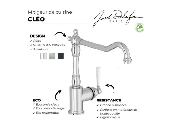 Mitigeur cuisine JACOB DELAFON Cleo, Bec haut, noir mat