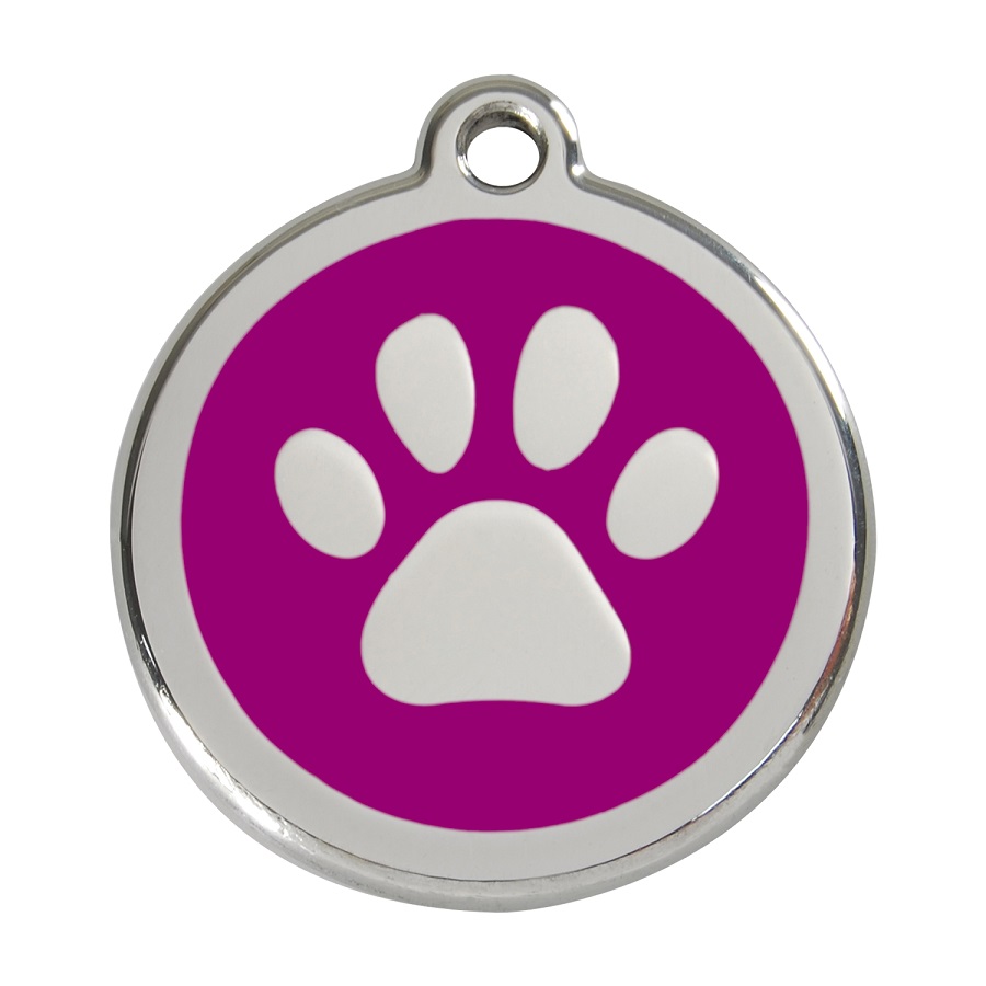 Etiqueta de identificação para cães em aço inoxidável esmaltado roxo com estampa de pata de cachorro.