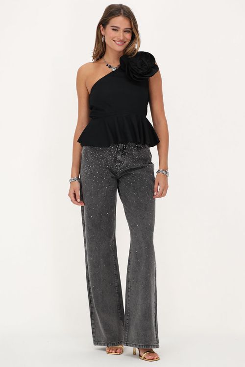 Zwarte one-shoulder top met grote bloem
