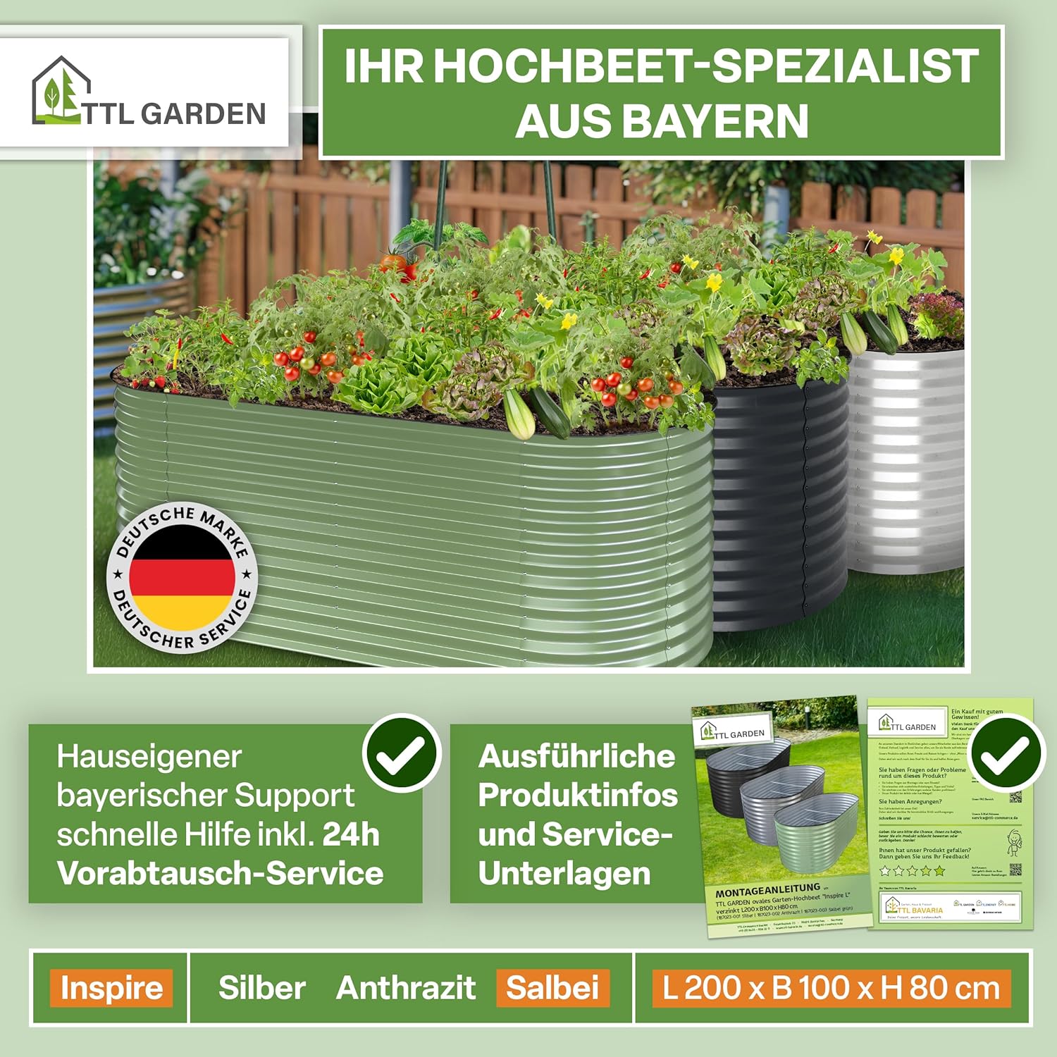 TTL GARDEN 200x100x80cm Inspire L Salbei Metall Hochbeet - Stahl rostfrei verzinkt & grün lackiert Wellblech sehr stabil Garten Beet Form oval für Gemüse Kräuter Blumen Gartenbeet Gemüsebeet