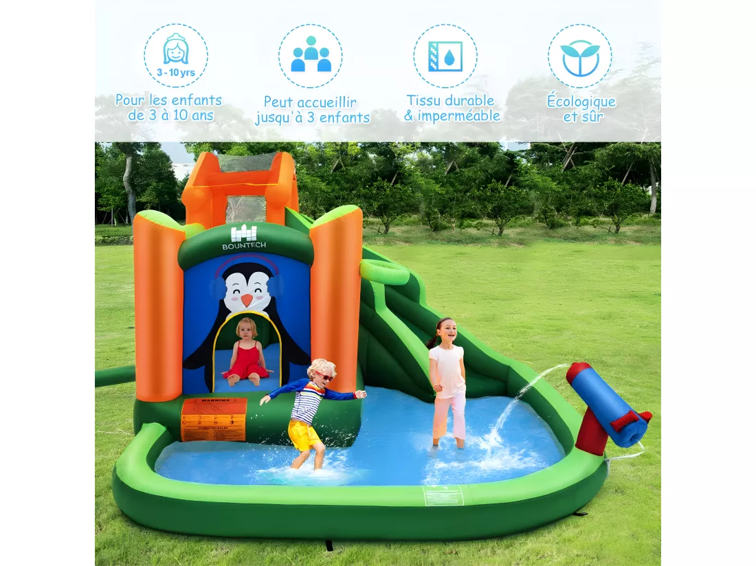 Château Gonflable avec Toboggans Aquatiques, Aire de Jeux Gonflable Piscine avec Motif de Boisgouin, Canon à Eau, Panier de Basket-Ball 3 à 10 Ans Vert Avec Souffleur 680W