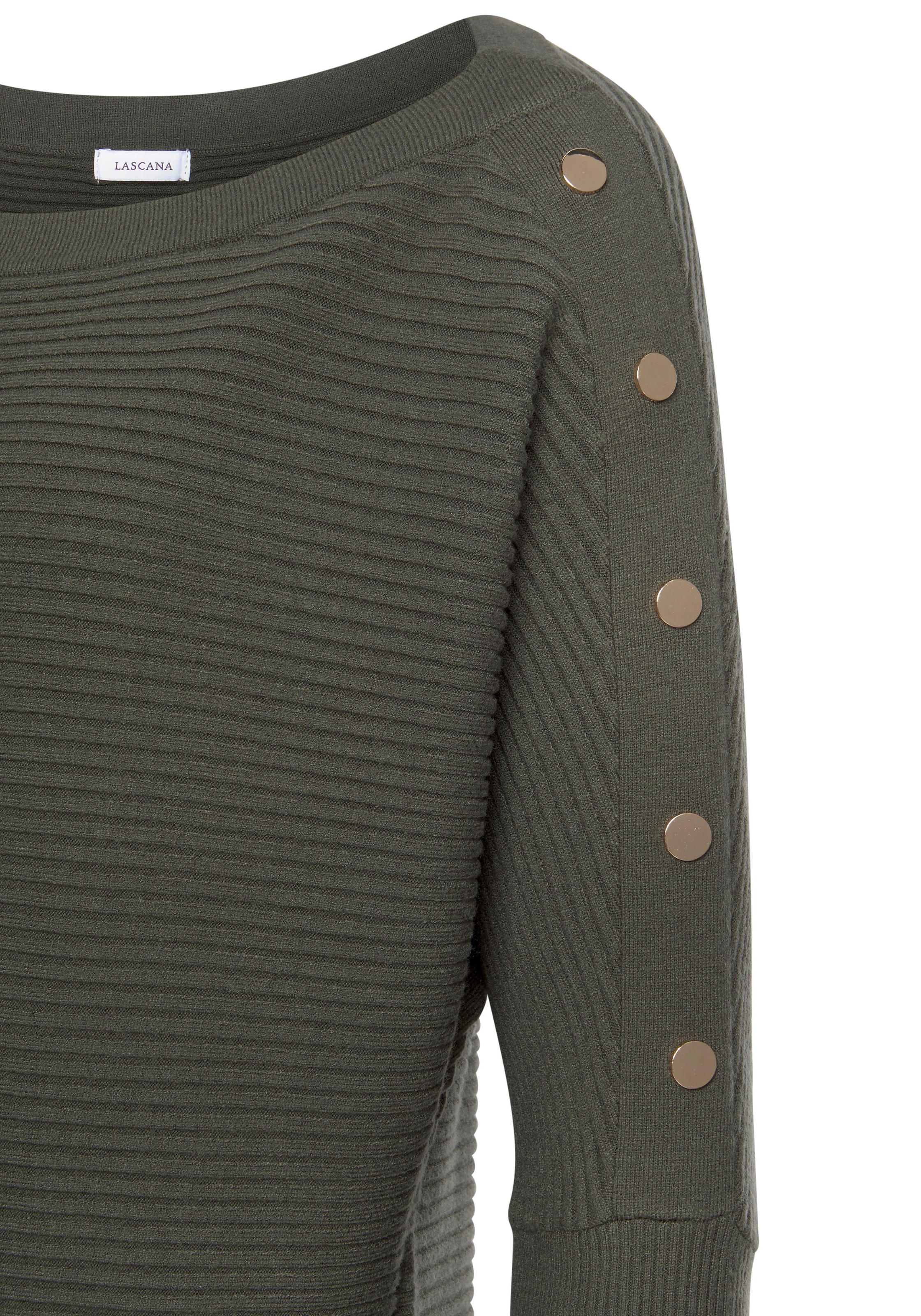 LASCANA Longpullover , mit Zieraccessoires am Ärmel, eleganter Strickpullover