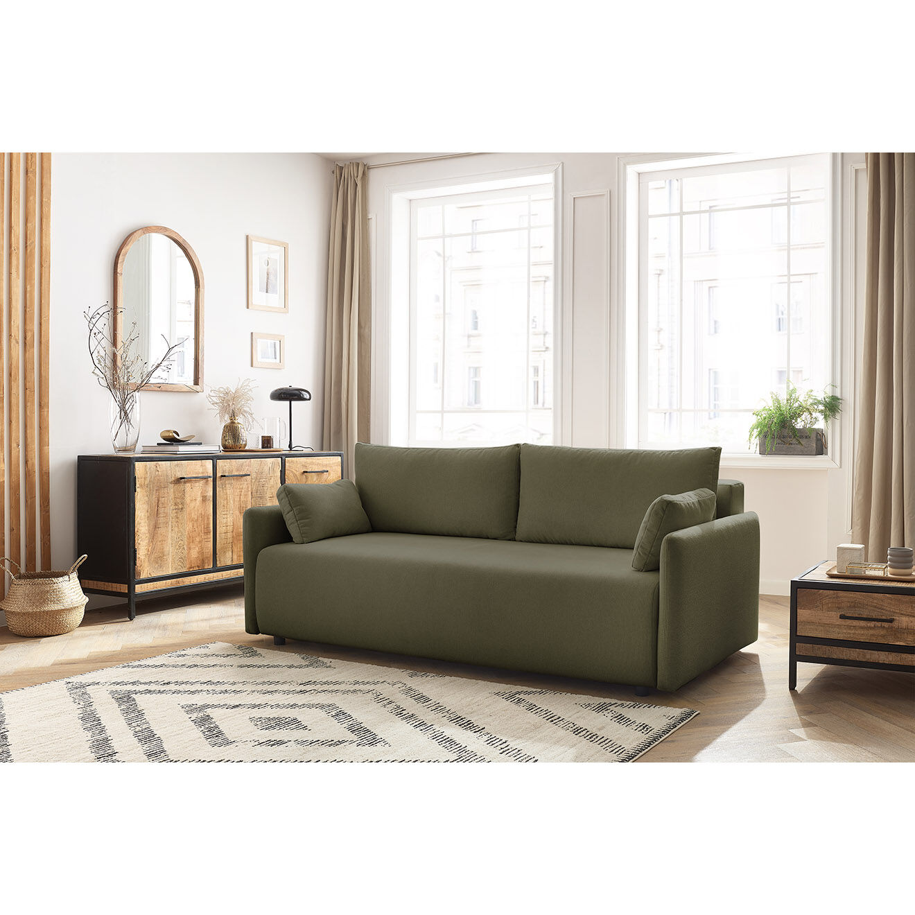 Bobochic Canapé droit convertible coffre marcel tissu lisse vert - 211x100x86 cm