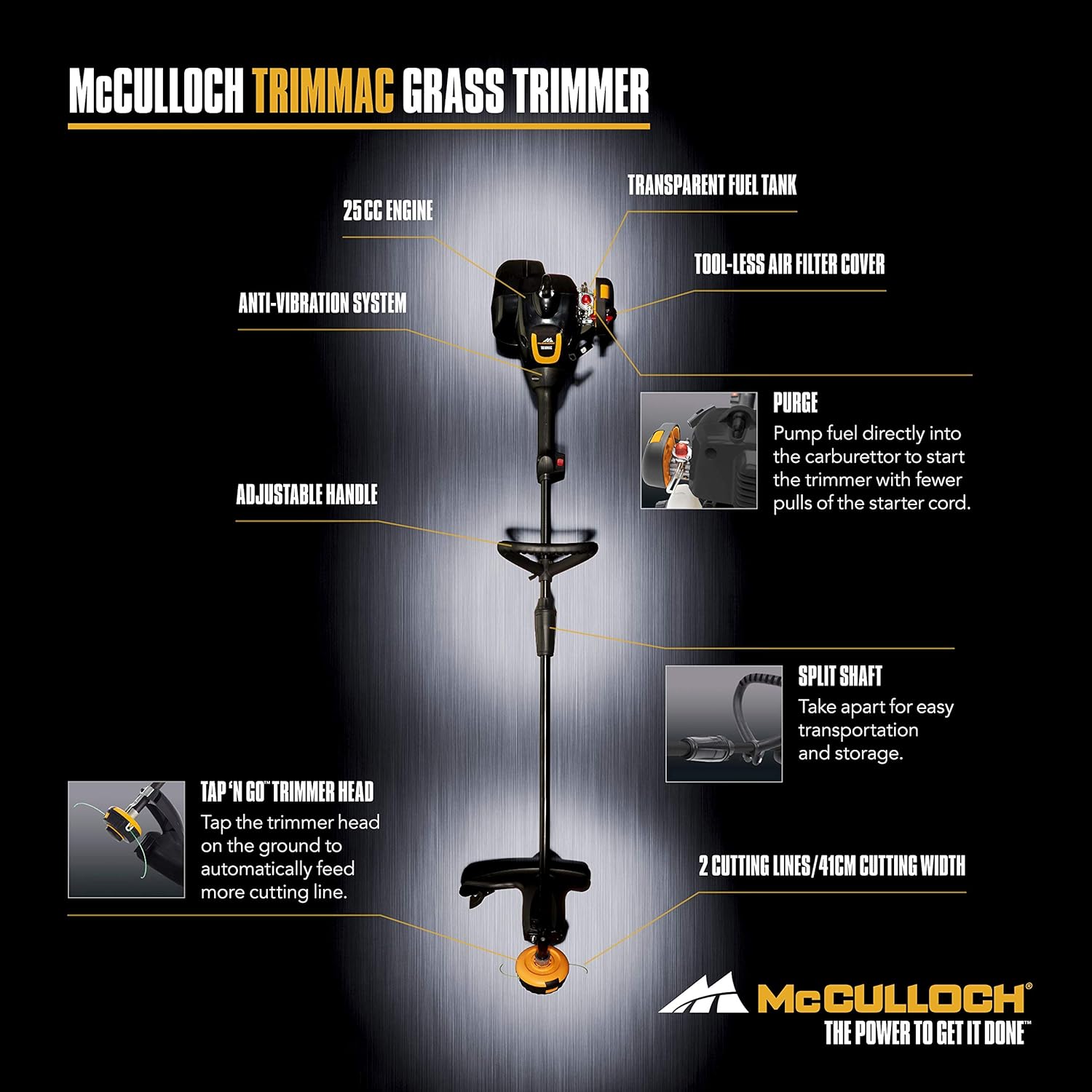 McCulloch Trimmer TRIMMAC: Motorsense mit 40 cm Arbeitsbreite, geteiltes Führungsrohr, Doppelfaden-Nachführung, verstellbarer Handgriff, mit Kombischutz (Art.-Nr. 00096-72,562.01)