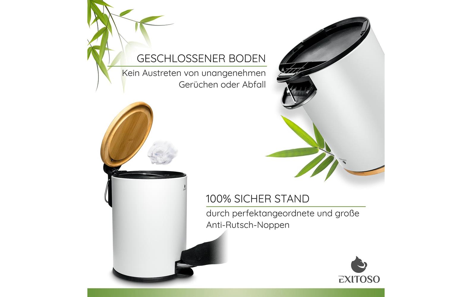 Tretmülleimer mit Softclose-Deckel 3 l, WeissAbfalleimer aus Bambus