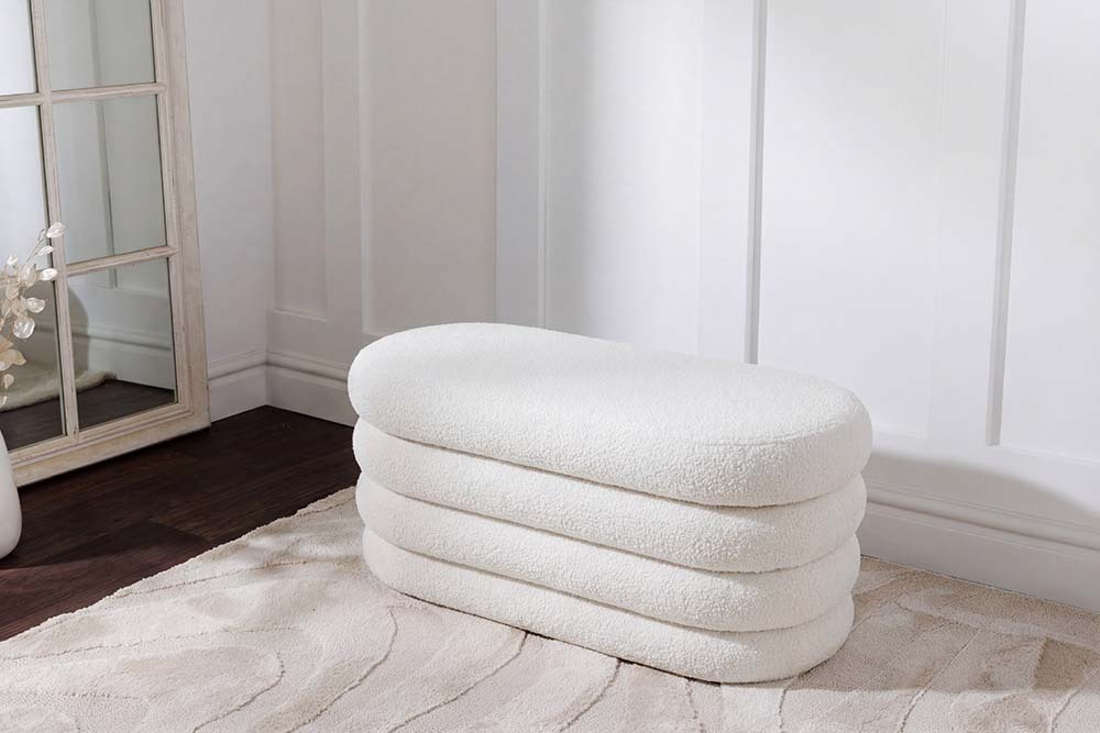 Extravagante Polsterbank VOGUE 85cm weiß Bouclè Sitzbank mit Stauraum