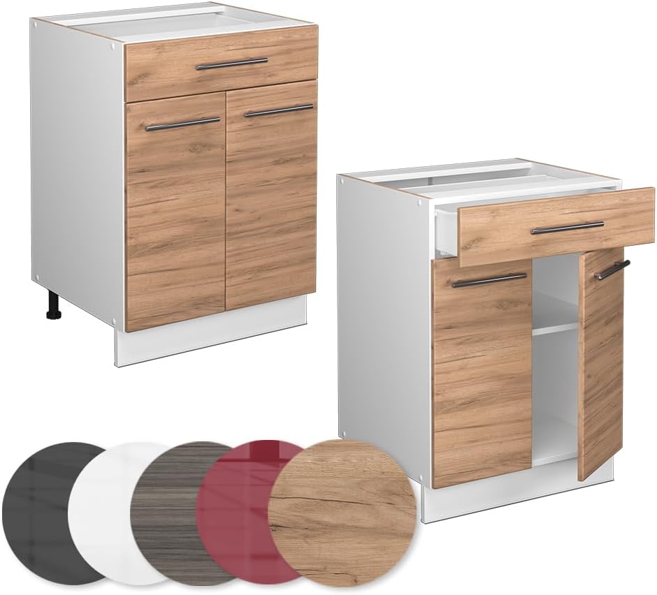 Vicco Küchenunterschrank Fame-Line, Goldkraft Eiche/Weiß, 60 cm mit Schublade, ohne Arbeitsplatte
