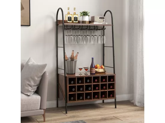 Porte-Bouteille Industriel avec Porte-Verres, 18 Bouteilles & 15 Verres, Casier à vin Amovible, Étagères de Rangement pour Cuisine, Salle à Manger, Bar, 32 x 63 x 114,5 cm, Marron Rustique