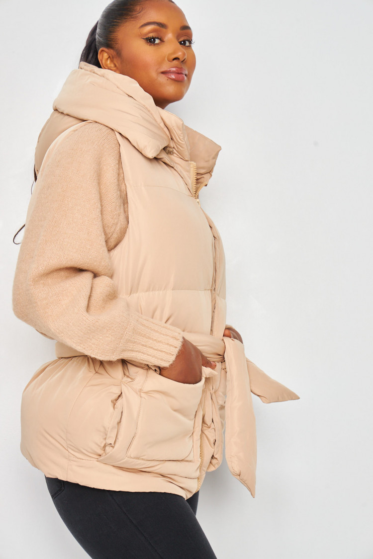 Doudoune sans manches beige ceinturée