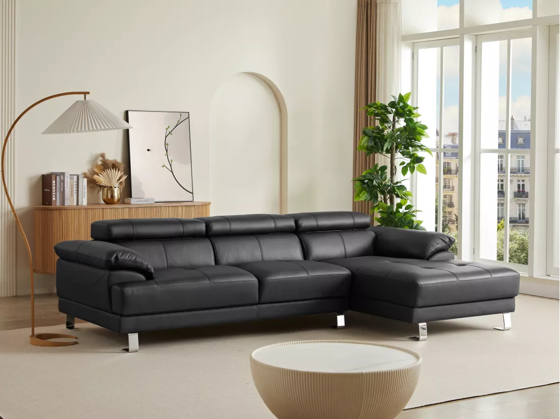 Canapé d'angle droit en cuir premium noir EXCELSIORA