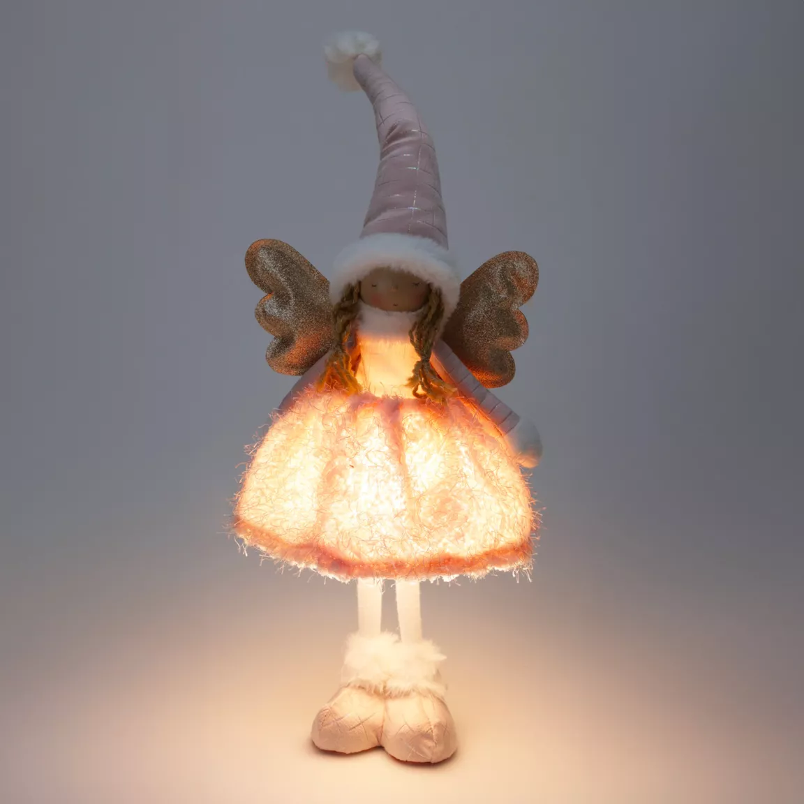Ange de Noël lumineux à piles (H50 cm) Gladys robe Rose
