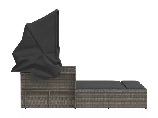 Chaise longue double et auvent et coussins gris résine tressée