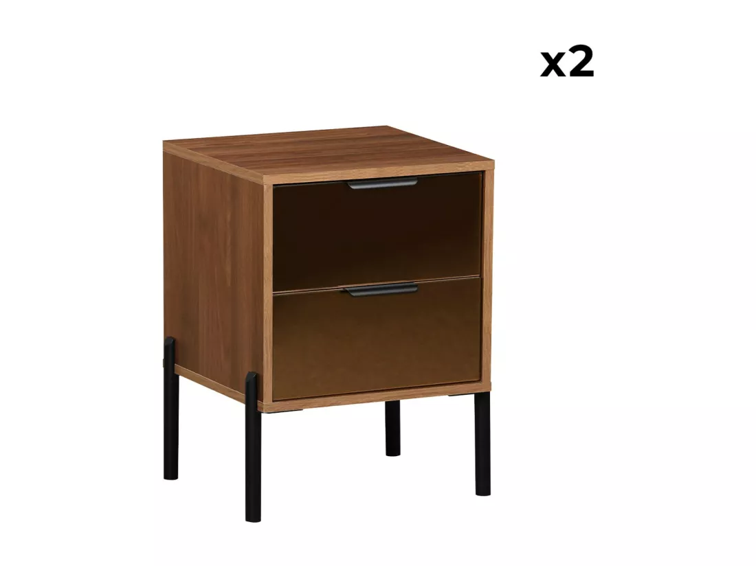 Lot de 2 tables de chevet vintage 2 tiroirs effet bois et vitres fumées. L 43 x P 38 x H 54.8cm
