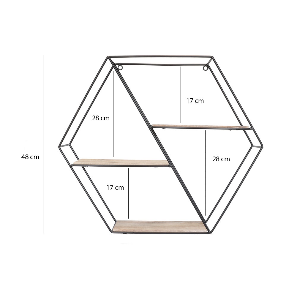 Etagère murale en métal noir 3 étagères en bois - diagonale hexagonale