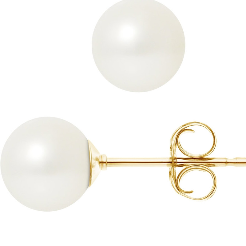 Boucles d'Oreilles Perles de Culture d'eau douce Blanches 7.5 mm et or jaune 750/1000