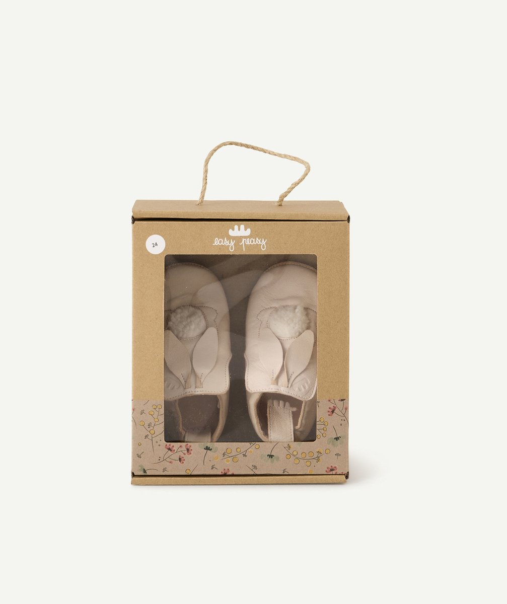 EASY PEASYCHAUSSONS EN CUIR ROSES LAPIN AVEC POMPONS