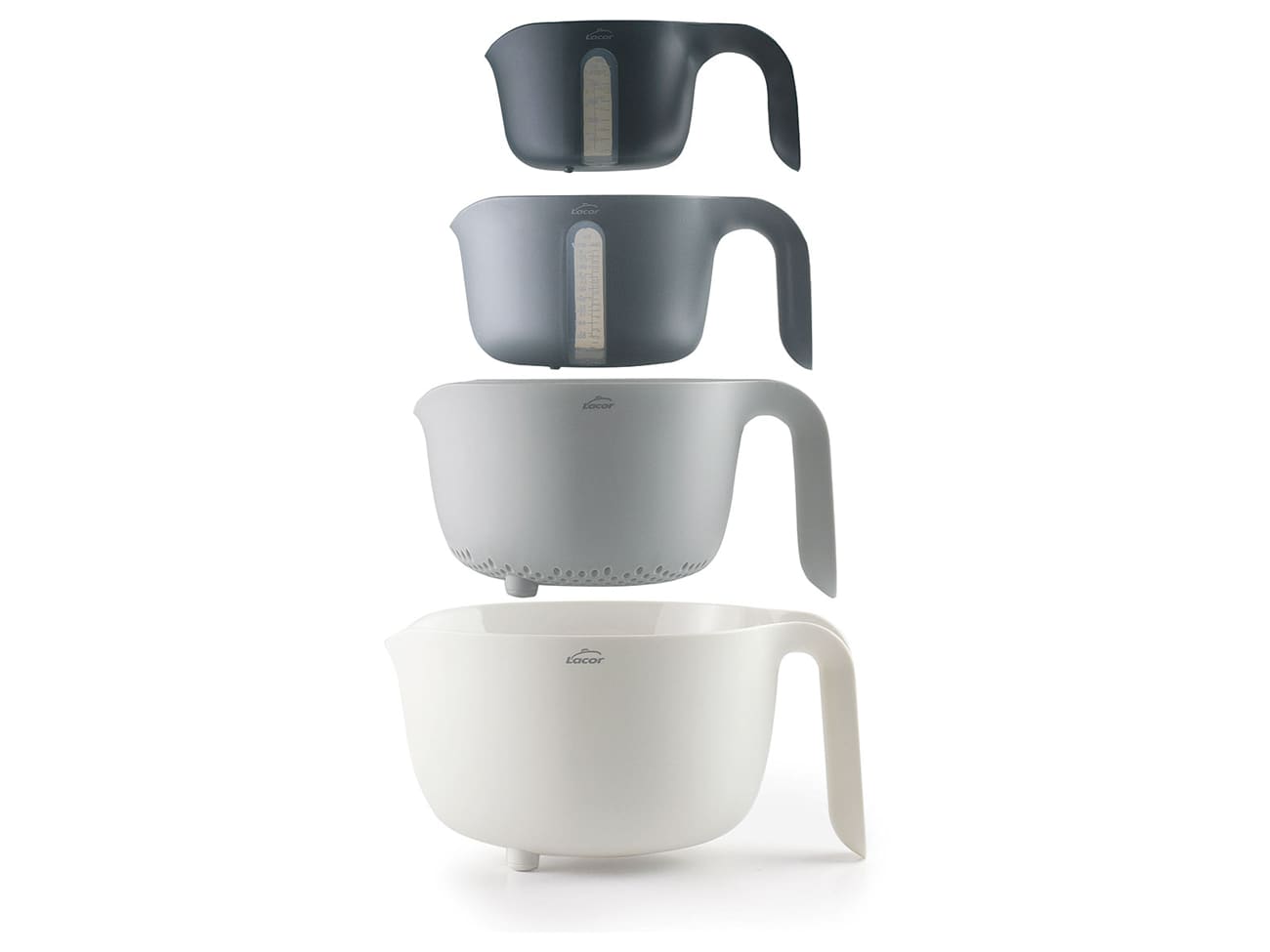 Bol, passoire - et pots mesureurs - ensemble 4 pièces - Lacor