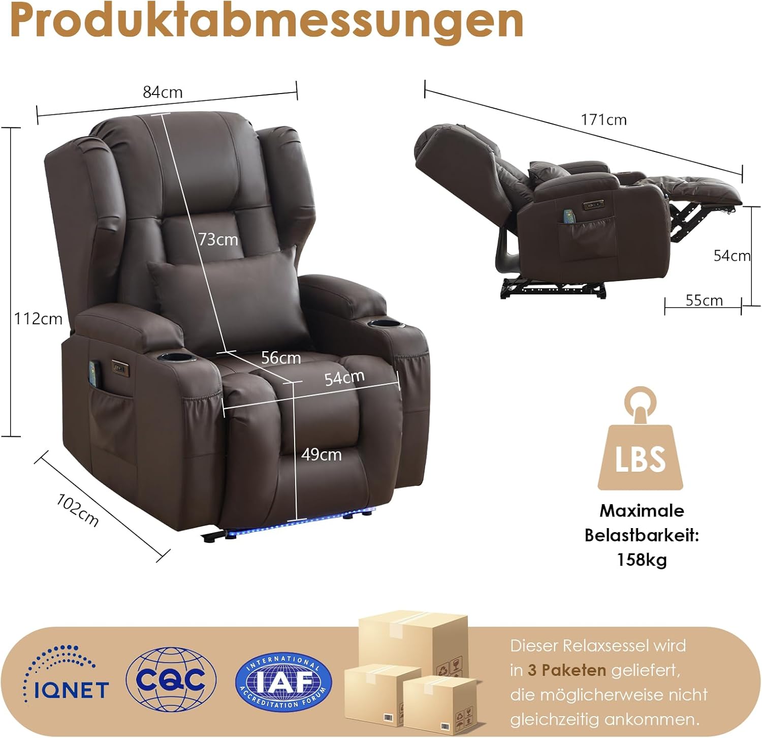 SAMERY Fernsehsessel Elektrisch Verstellbar Relaxsessel mit Liegefunktion Massage Heizung, Kunstleder TV Sessel Wohnzimmer Kinosessel Liegesessel Massagesessel mit Fußteil, USB, LED (Braun*1)