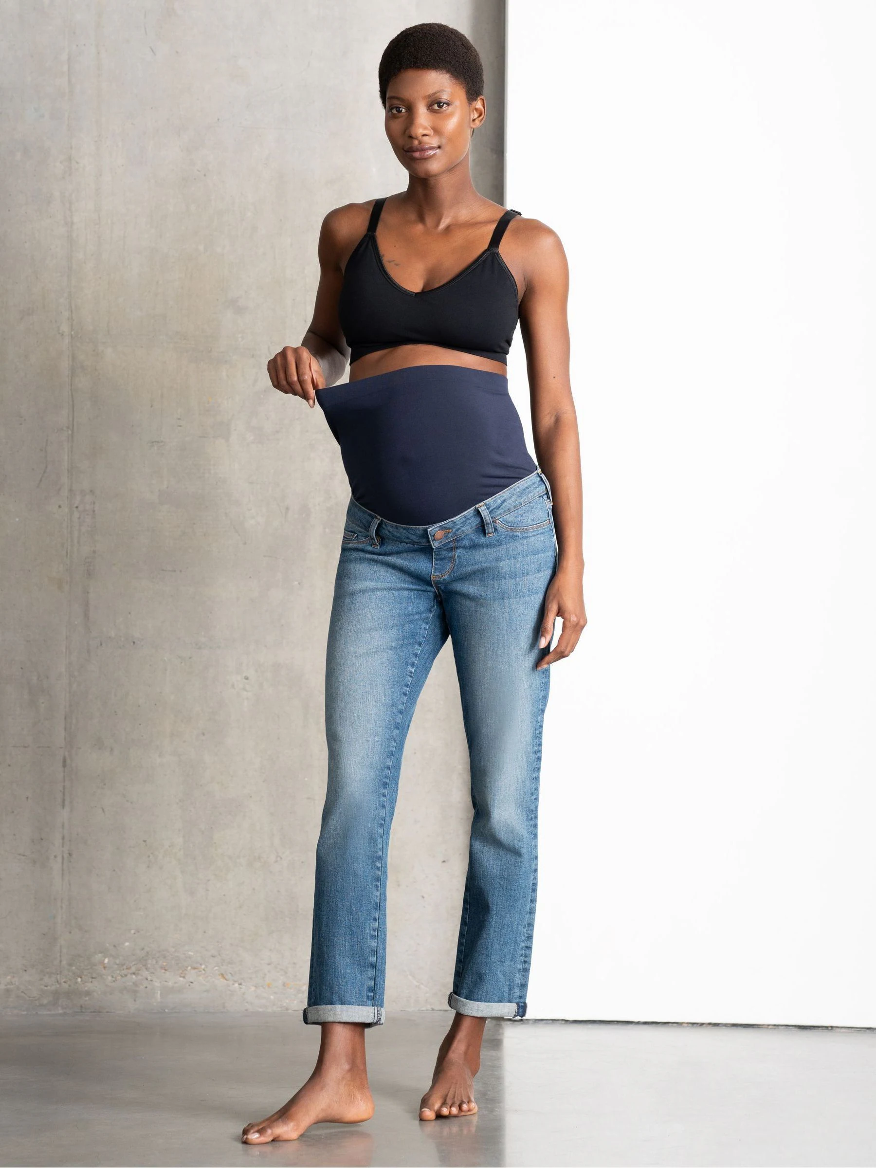 Seraphine blauwe ruimvallende slim-fit zwangerschapsjeans met buikband 100% katoen